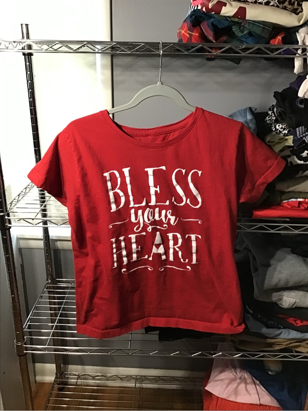 Red Short-Sleeve Tee with 'Bless Your Heart' White Graphic